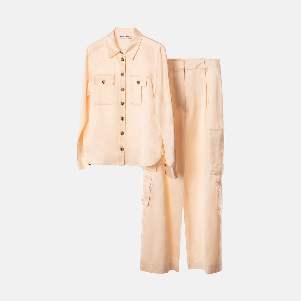 Self-Portrait Cream Satin Utility Shirt+Pant