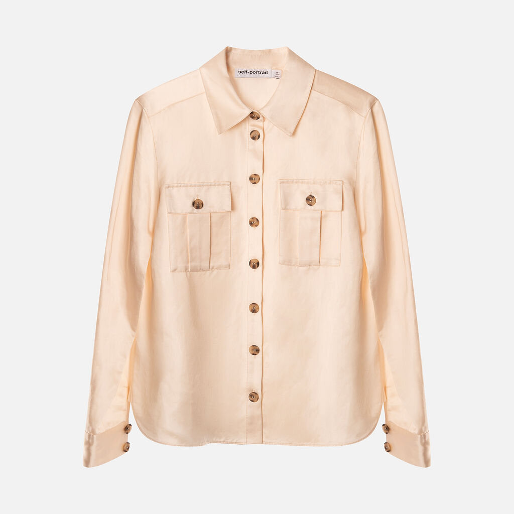 Self-Portrait Cream Satin Utility Shirt & Pant Set