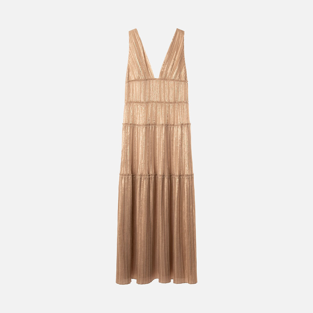 Simkhai Gold Poly Pleated Maxi Dress