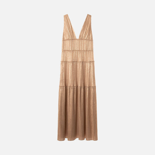 Simkhai Gold Poly Pleated Maxi Dress
