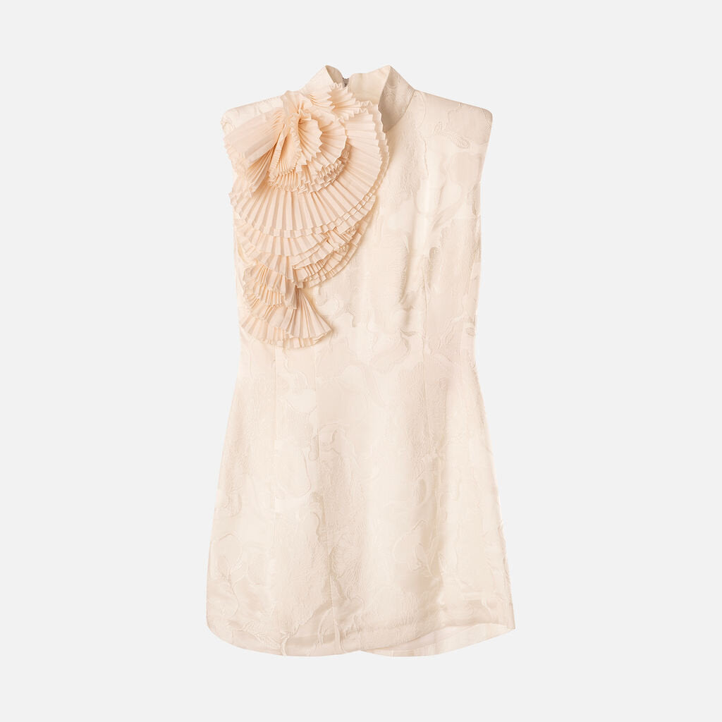 Dries Van Noten White Jacquard Satin Mini With Fan Detail Dress