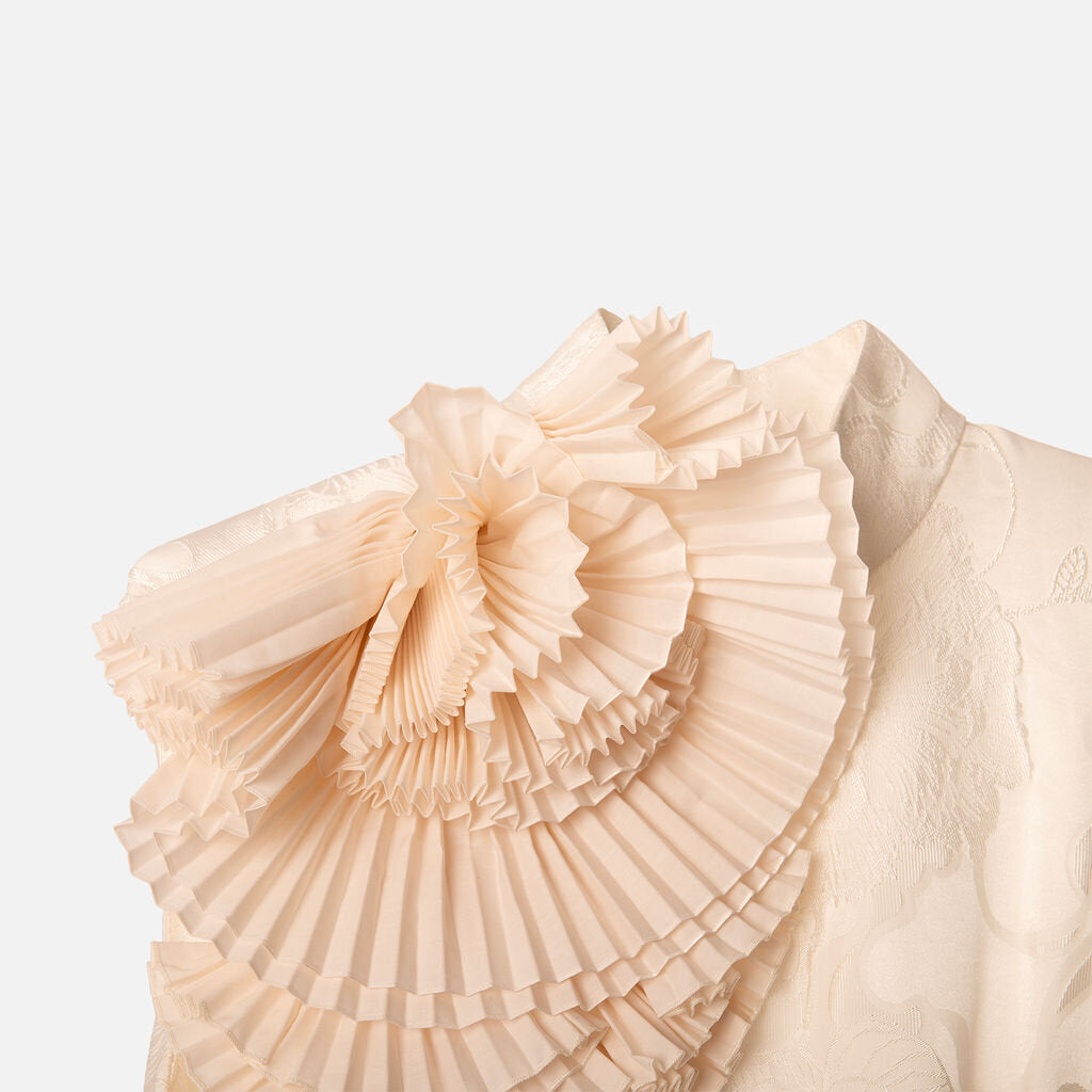 Dries Van Noten White Jacquard Satin Mini With Fan Detail Dress
