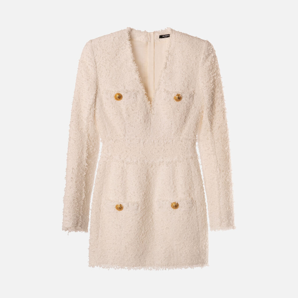 Balmain White Cotton Blend Textured Long Sleeve Dress