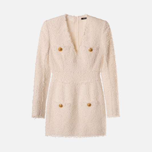 Balmain White Cotton Blend Textured Long Sleeve Dress