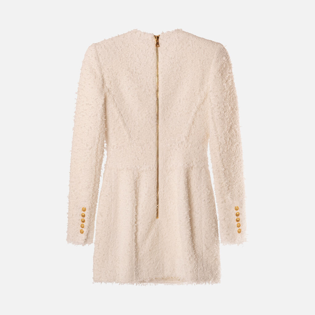 Balmain White Cotton Blend Textured Long Sleeve Dress