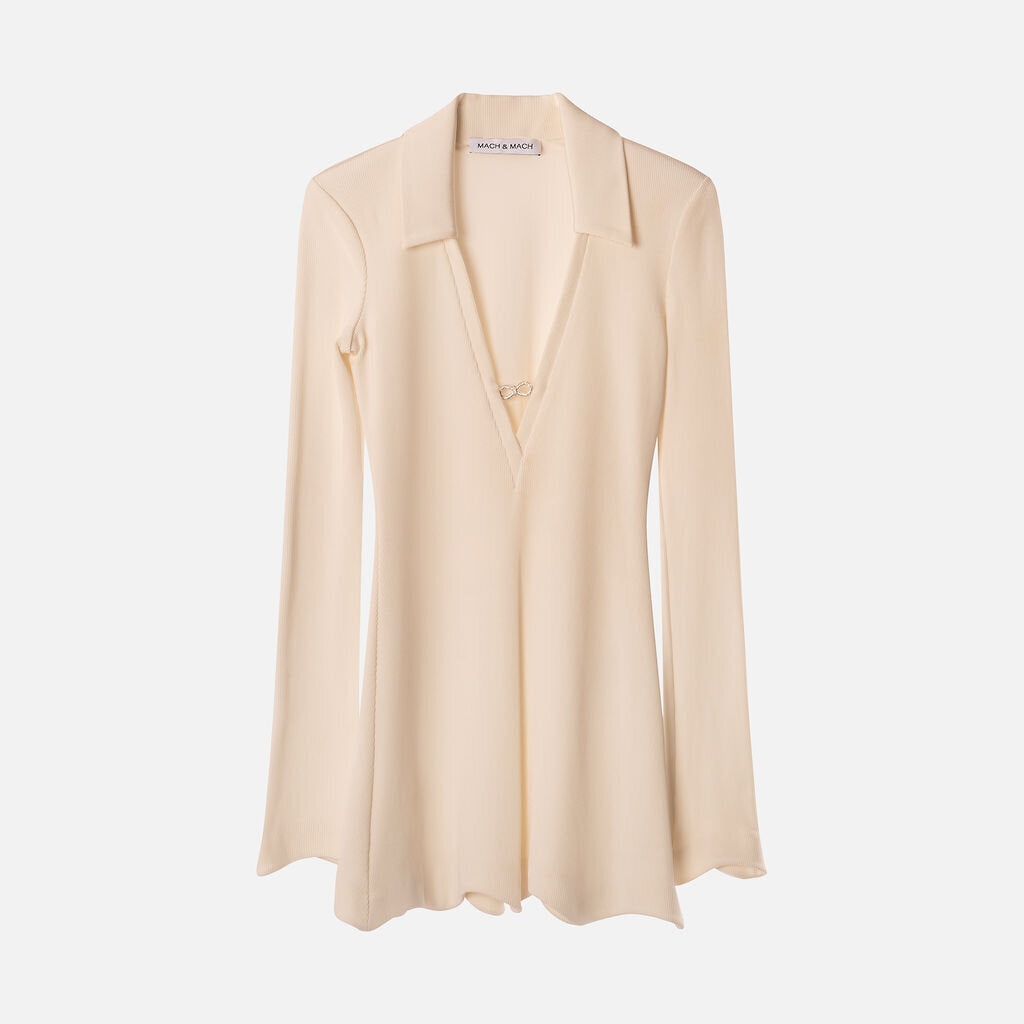 Mach & Mach White Viscose Crystal Detail V-Neck Dress