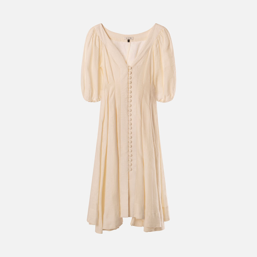 Fil De Vie White Button Puff Sleeve Dress