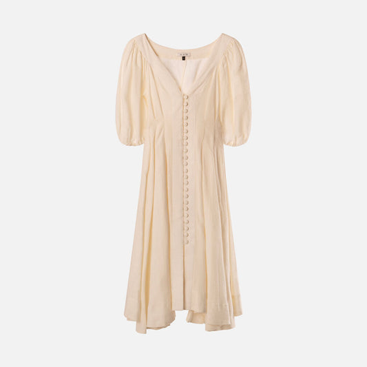 Fil De Vie White Button Puff Sleeve Dress