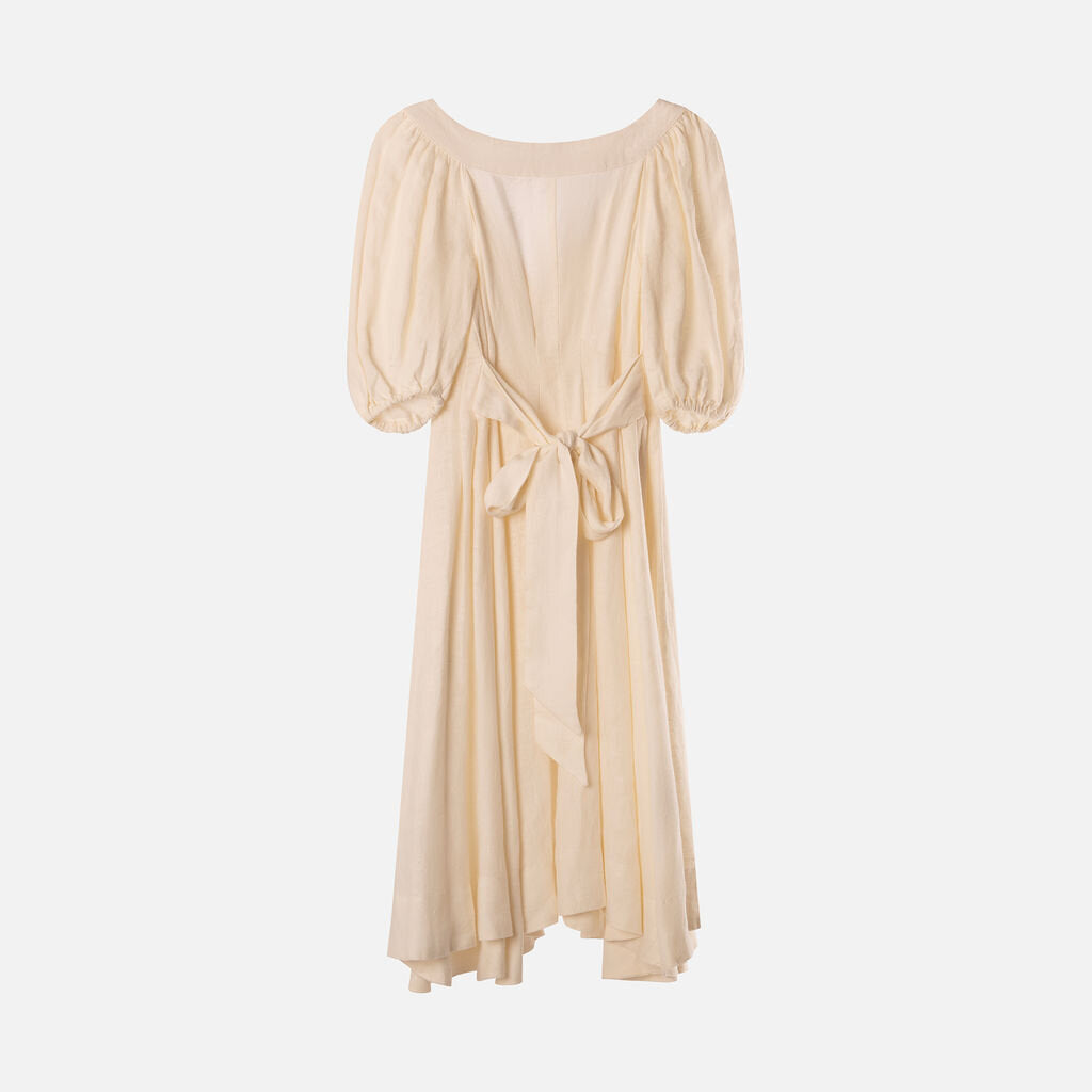 Fil De Vie White Button Puff Sleeve Dress