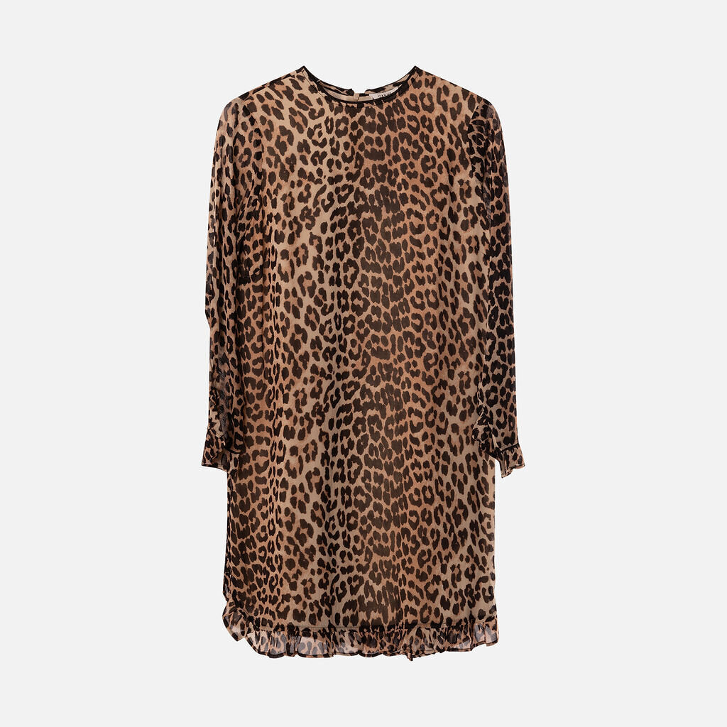 Ganni Leopard Print Polyester Ruffle Sleeve Hem Dress