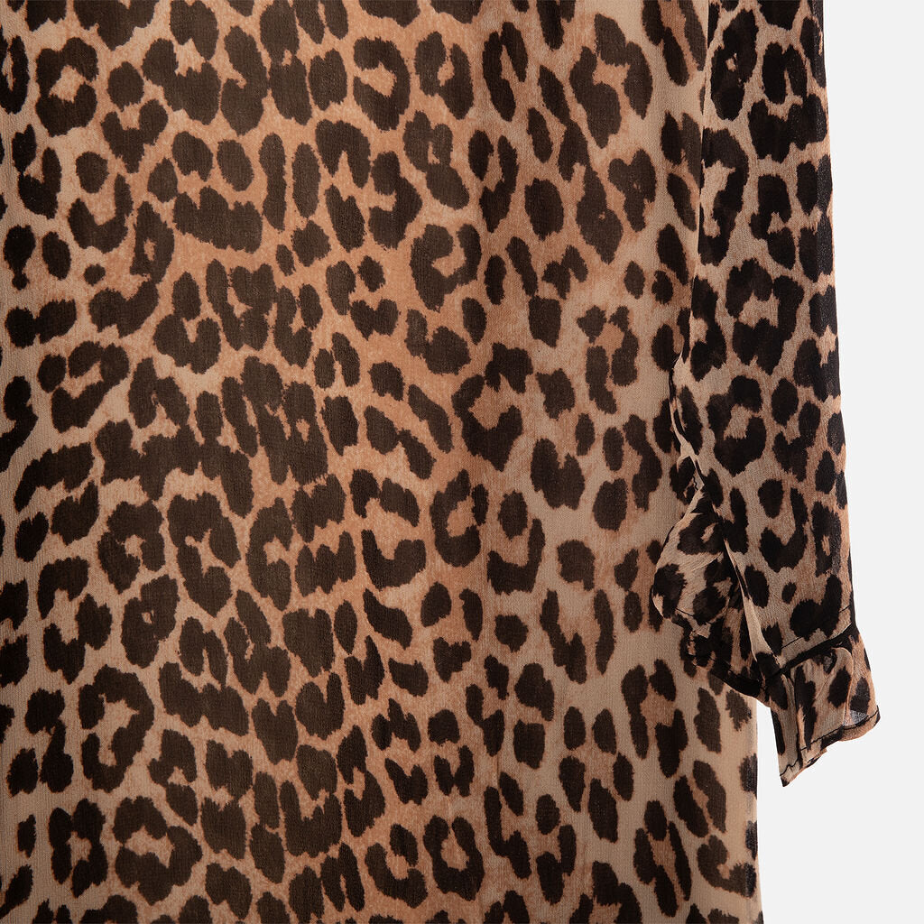Ganni Leopard Print Polyester Ruffle Sleeve Hem Dress