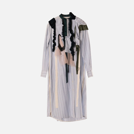 Sacai Blue & White Pinstripe Green Ruffle Scarf Dress
