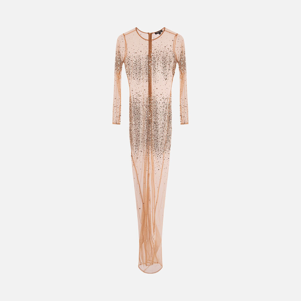 Retrofete Nude Poly Mesh Crystal Maxi Dress