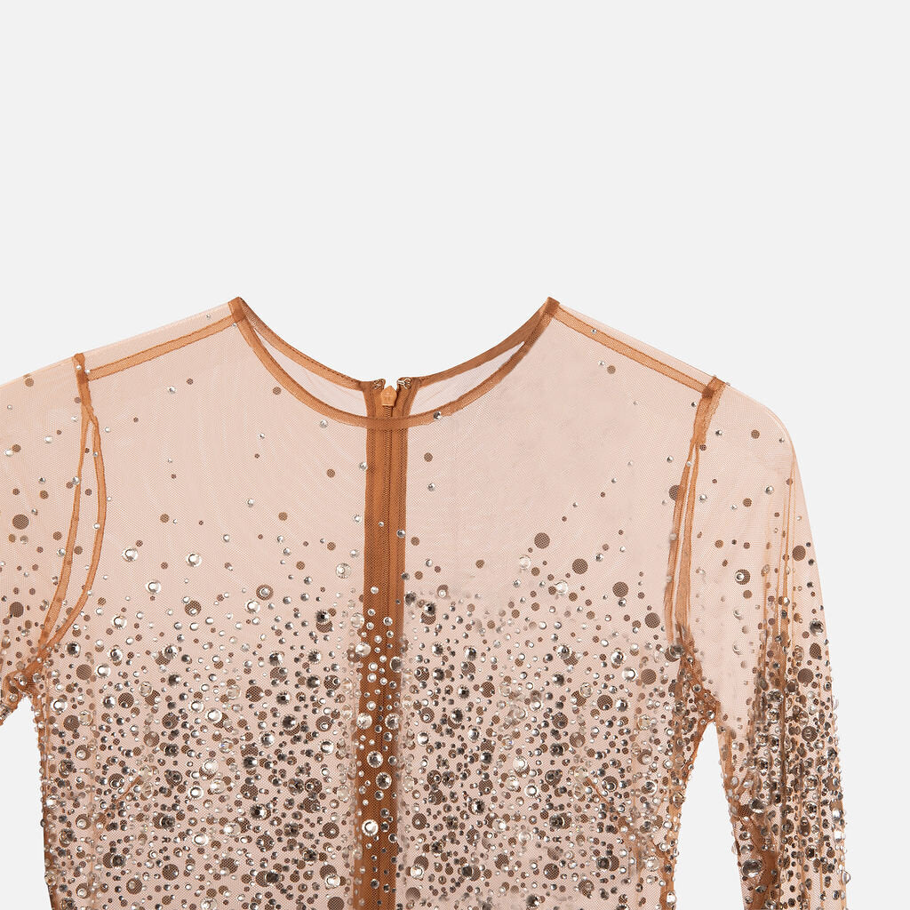 Retrofete Nude Poly Mesh Crystal Maxi Dress