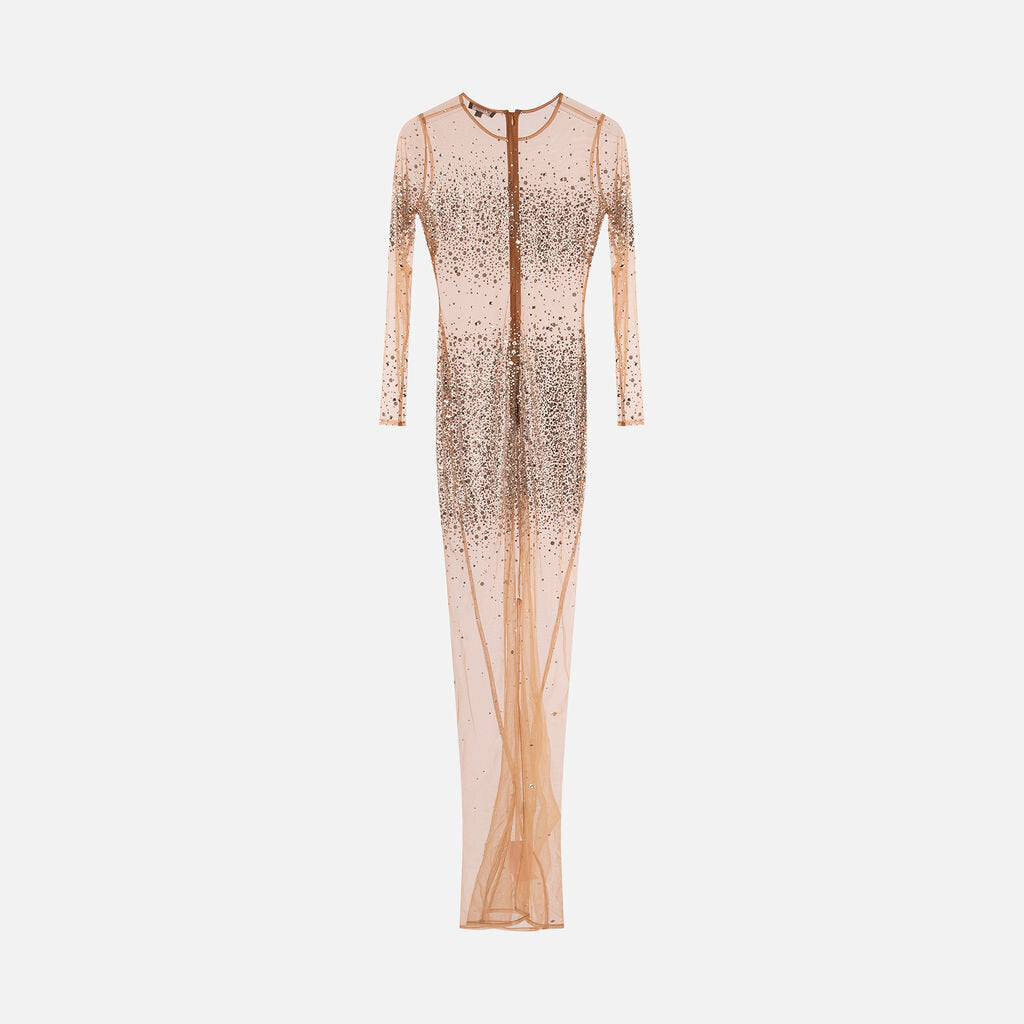 Retrofete Nude Poly Mesh Crystal Maxi Dress