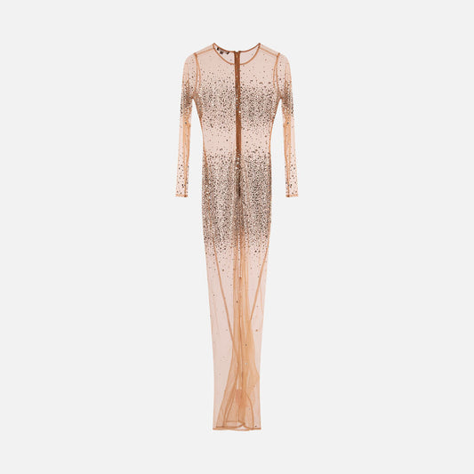 Retrofete Nude Poly Mesh Crystal Maxi Dress