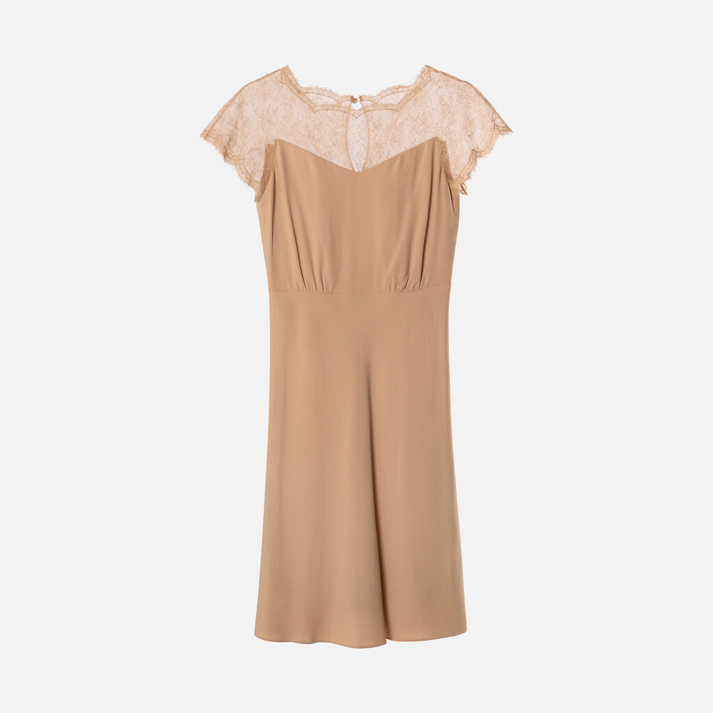 Valentino Beige Poly Lace Trim Dress