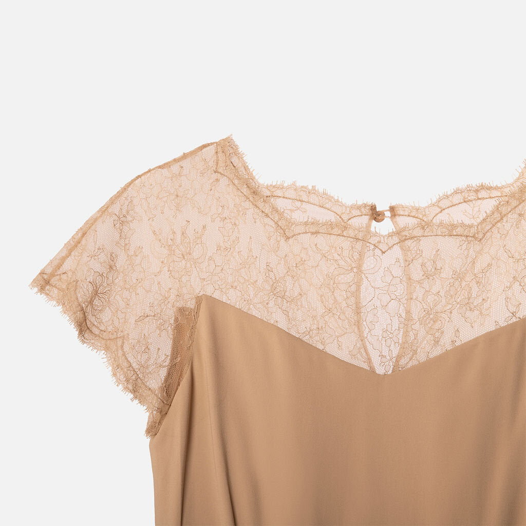 Valentino Beige Poly Lace Trim Dress