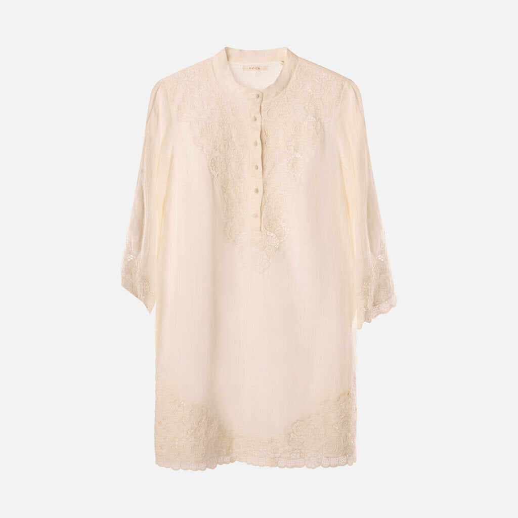 Doen White Linen Embroidered Dress