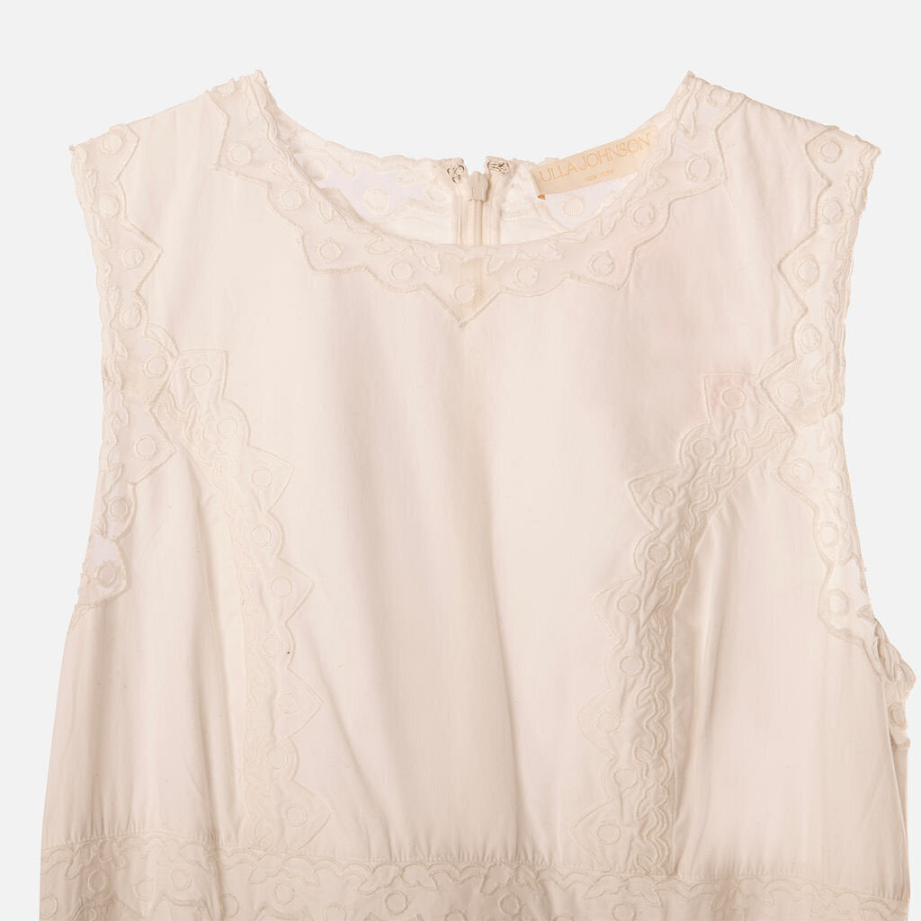 Ulla Johnson White Cotton Embroidered Lace Trim Midi Dress