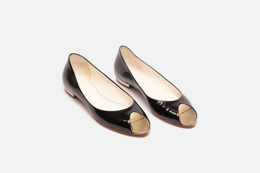 Chanel Black Patent Leather Peep Toe Flat