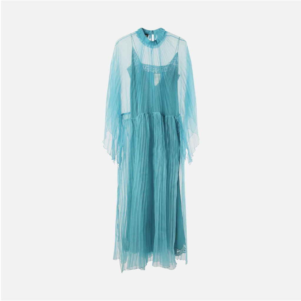 Gucci 2019 Sample Teal Organza Pleated Dress w/ Lace Slip