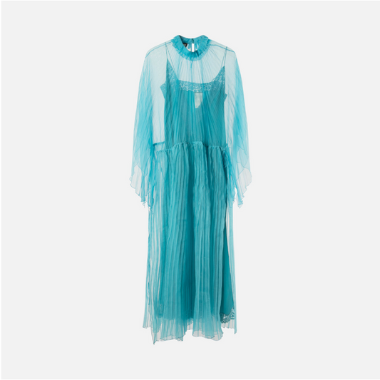 Gucci 2019 Sample Teal Organza Pleated Dress w/ Lace Slip