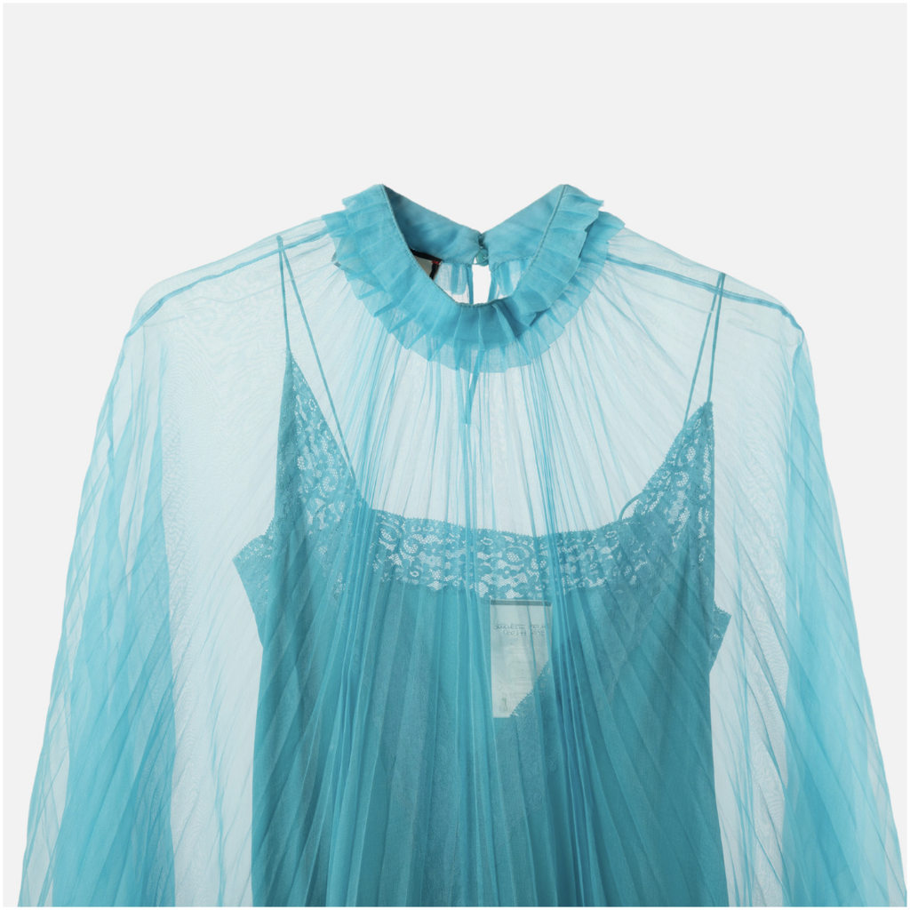 Gucci 2019 Sample Teal Organza Pleated Dress w/ Lace Slip
