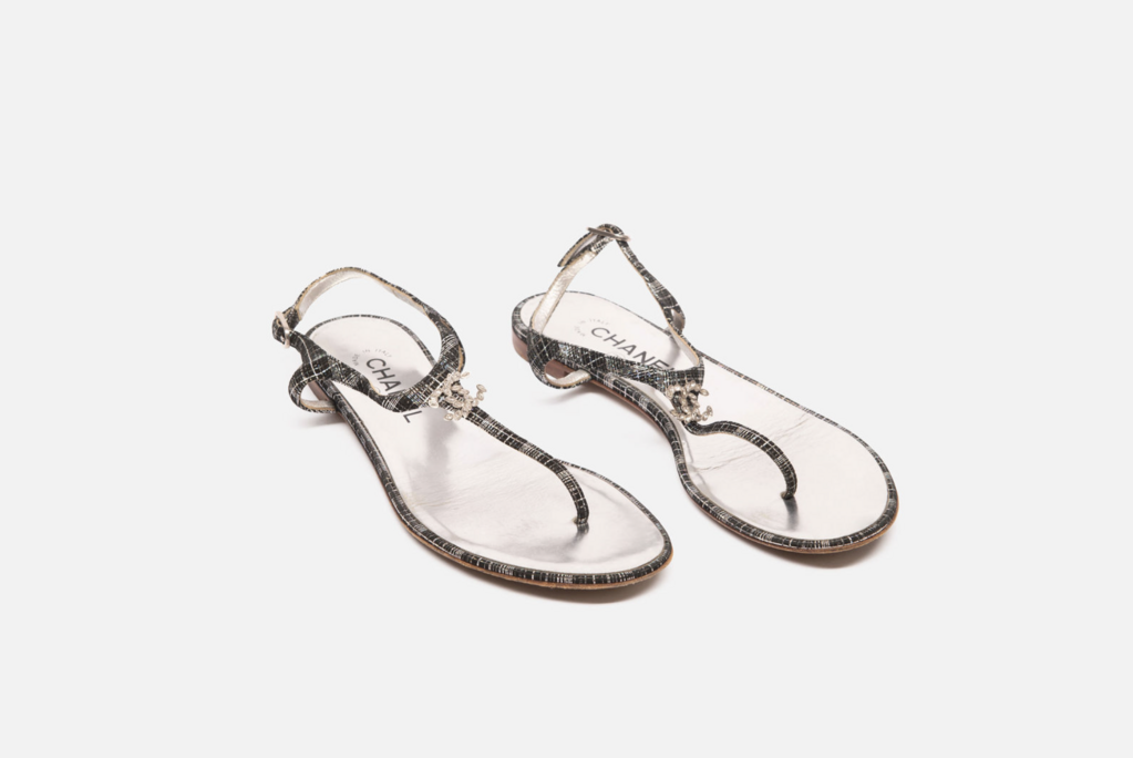Chanel Silver & Black Plaid T Strap Sandal