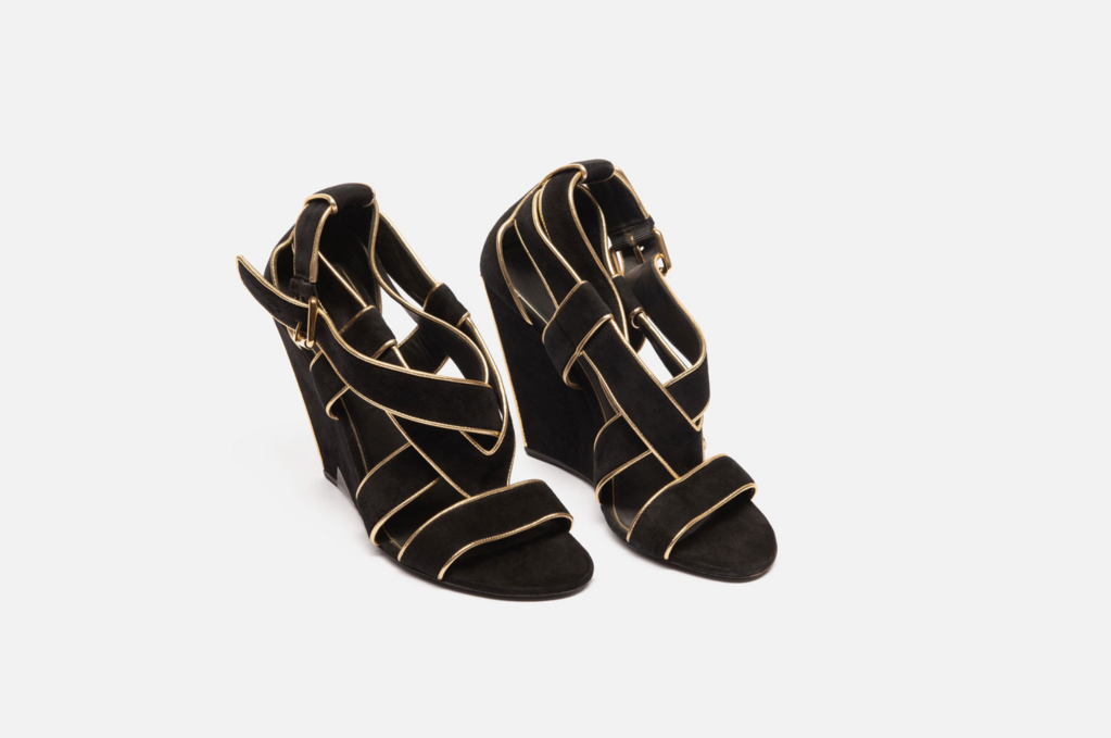 Louis Vuitton Black Suede & Gold Trim Wedges