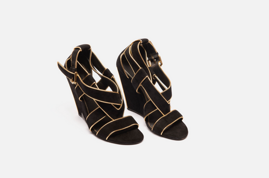 Louis Vuitton Black Suede & Gold Trim Wedges