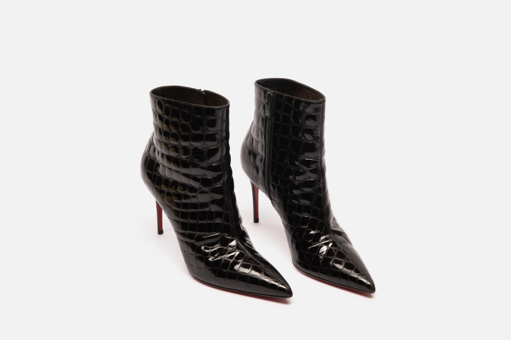 Christian Louboutin Black Patent Croc Embossed Booties