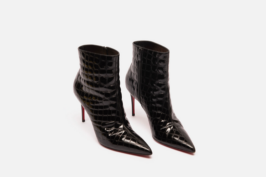Christian Louboutin Black Patent Croc Embossed Booties