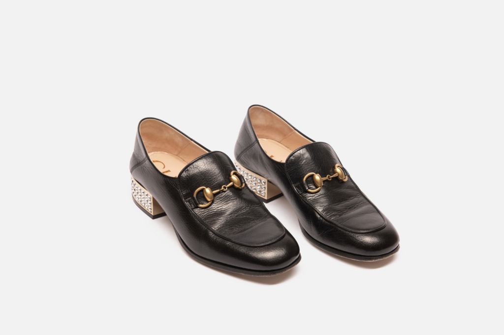 Gucci Black Leather & Crystal Heel Loafer