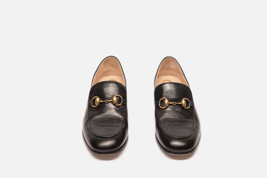 Gucci Black Leather & Crystal Heel Loafer