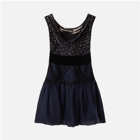 Alberta Ferretti Navy Silk Blend Lace Mini Dress, 2