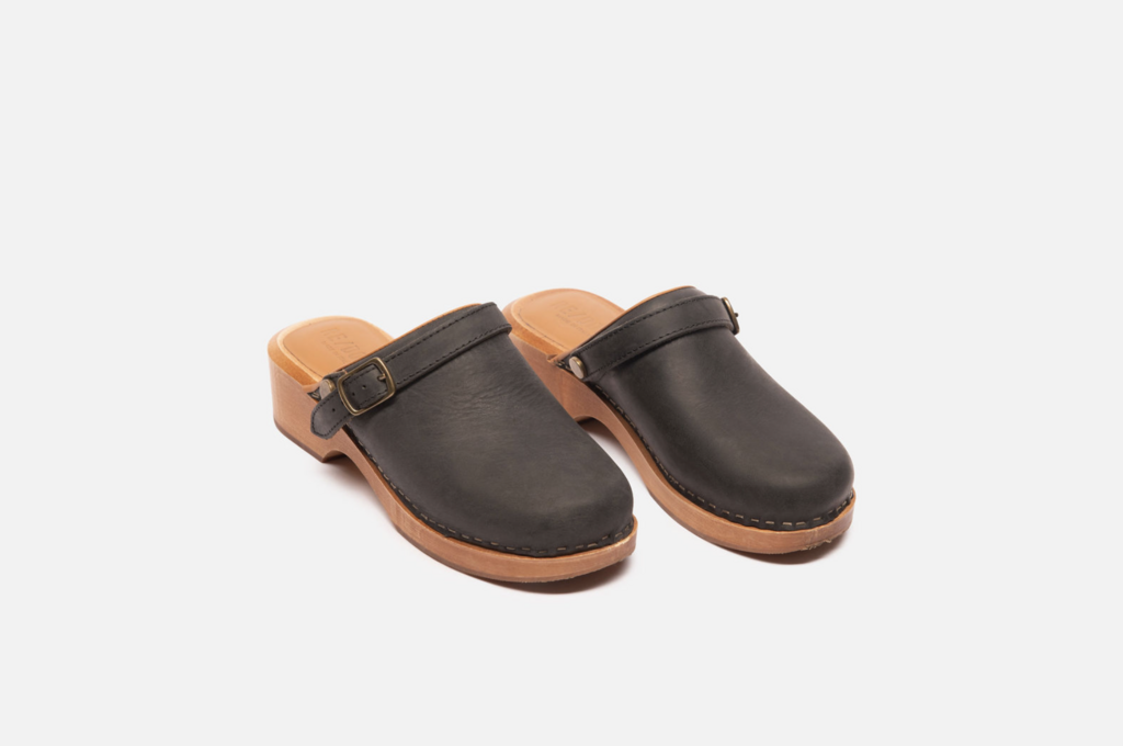 Re/Done Black Leather & Buckle Wood Clog