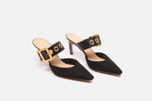 Christian Dior Black Canvas & Gold Buckle Mule