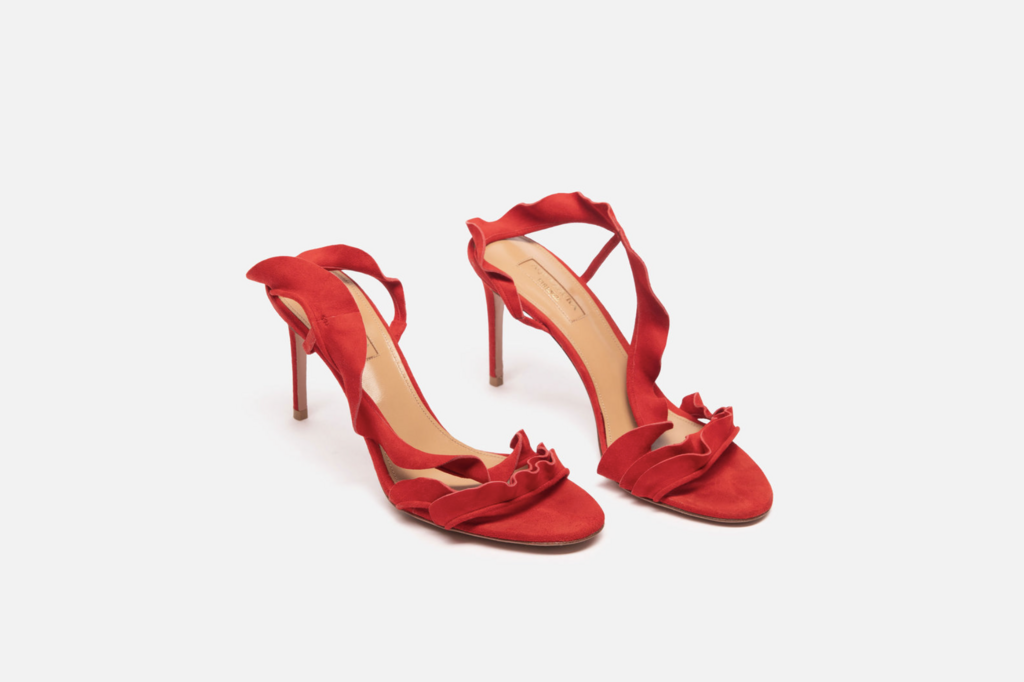 Aquazurra Red Suede Ruffle Strappy Heels