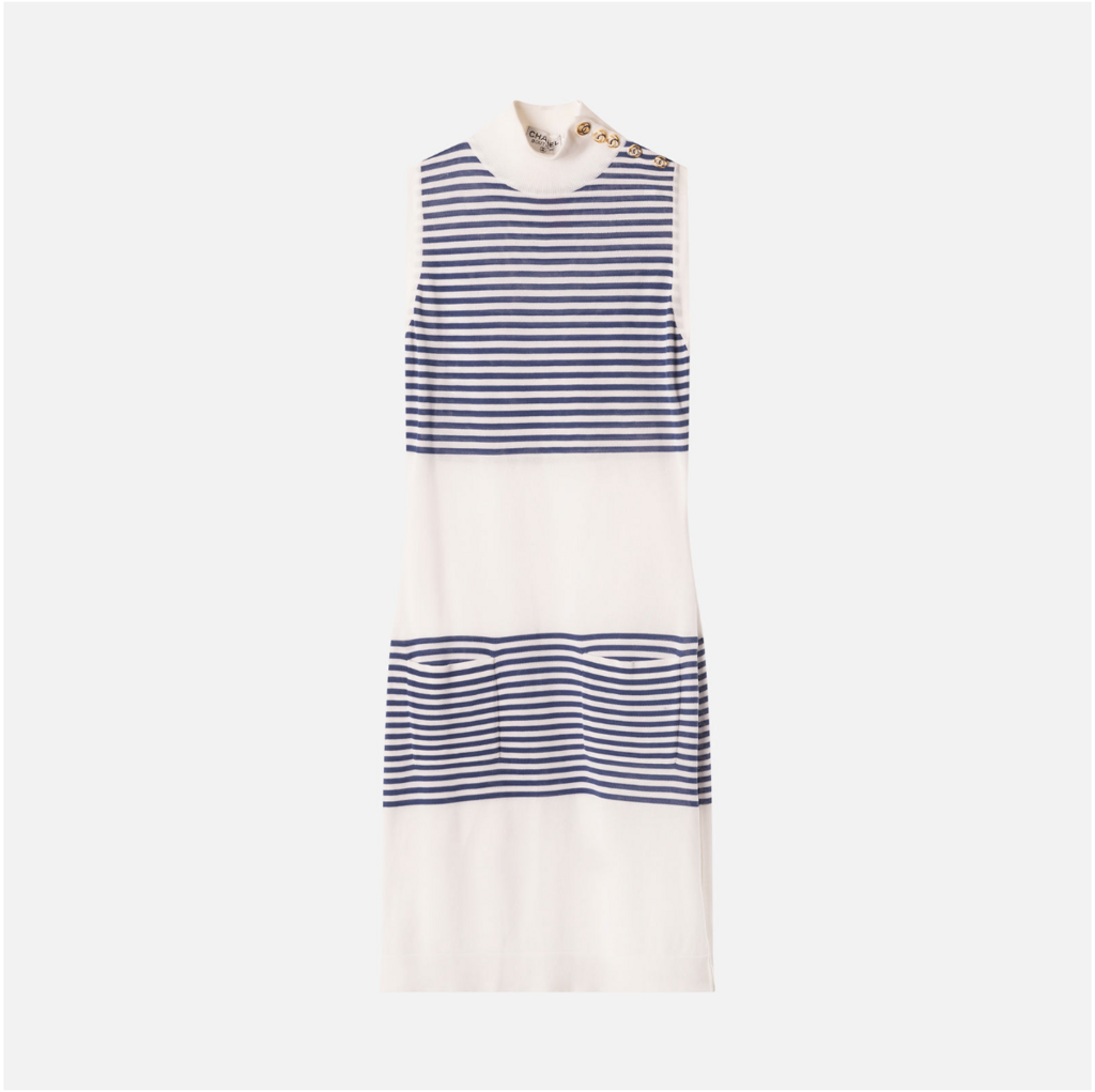 Chanel Boutique 1980s White/Blue Stripe Nautical Dress (as is wear at buttons, discoloration)