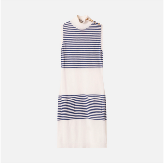 Chanel Boutique 1980s White/Blue Stripe Nautical Dress (as is wear at buttons, discoloration)