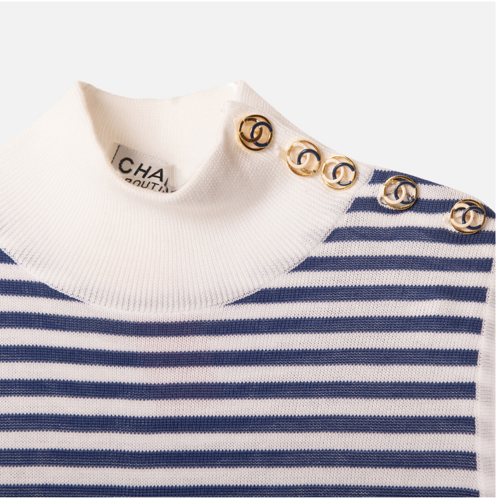 Chanel Boutique 1980s White/Blue Stripe Nautical Dress (as is wear at buttons, discoloration)