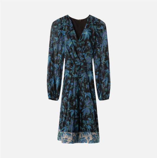 Kobi Halperin NWT(598) Black/Blue Jungle Print Belted Dress