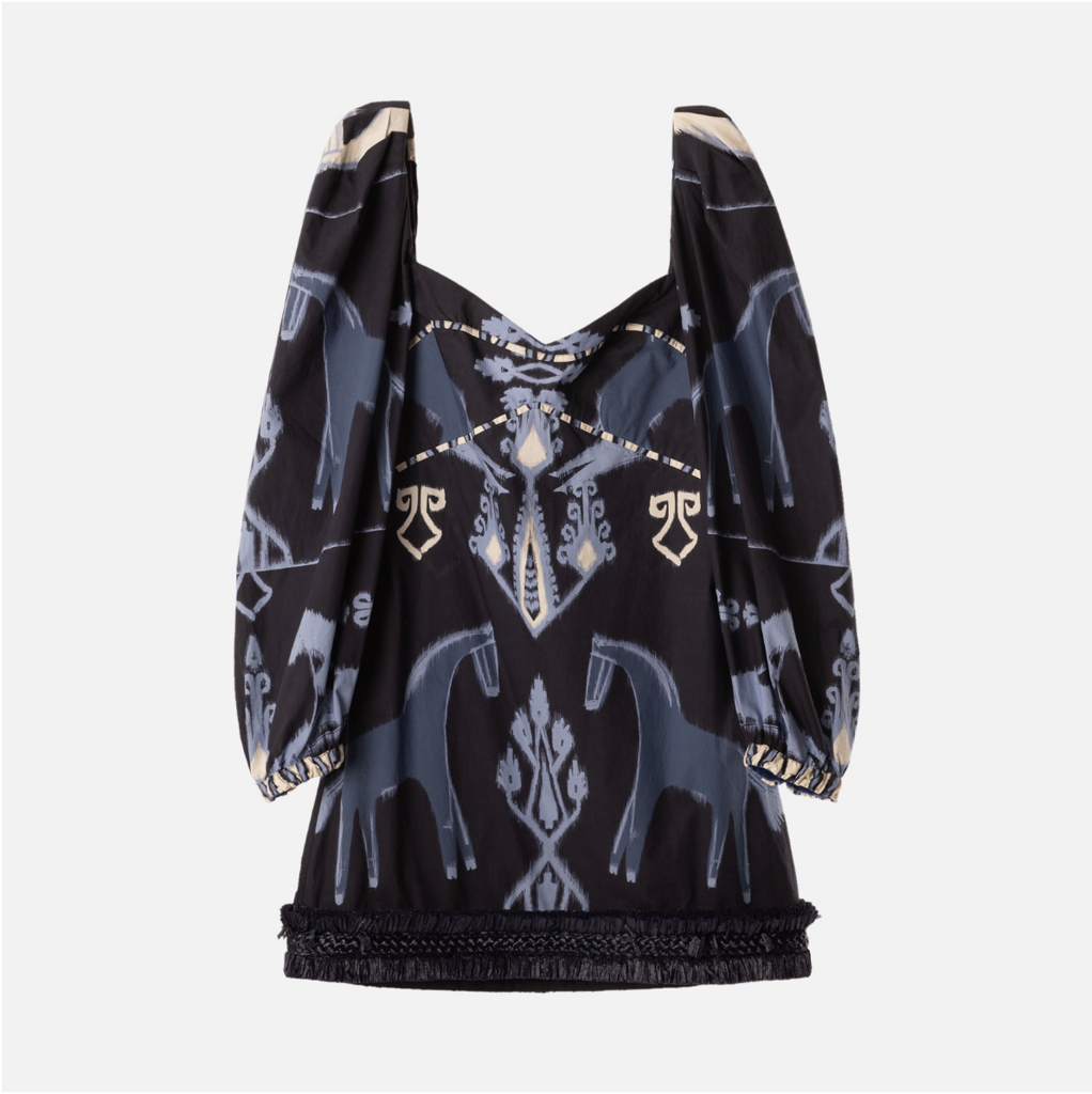 Johanna Ortiz Navy Cotton Raffia Trim Mini Dress