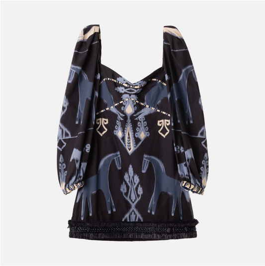 Johanna Ortiz Navy Cotton Raffia Trim Mini Dress