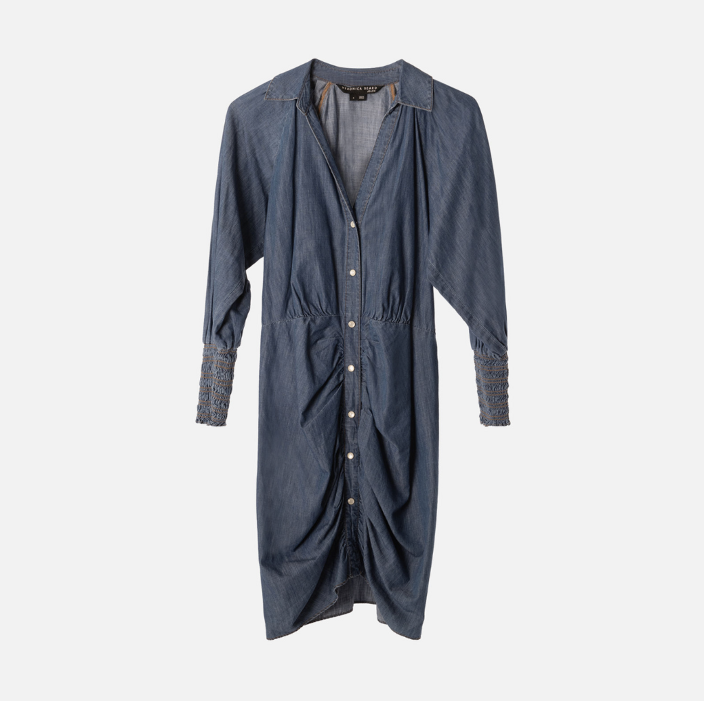 Veronica Beard Blue Cotton Blend Ruched Shirt Dress