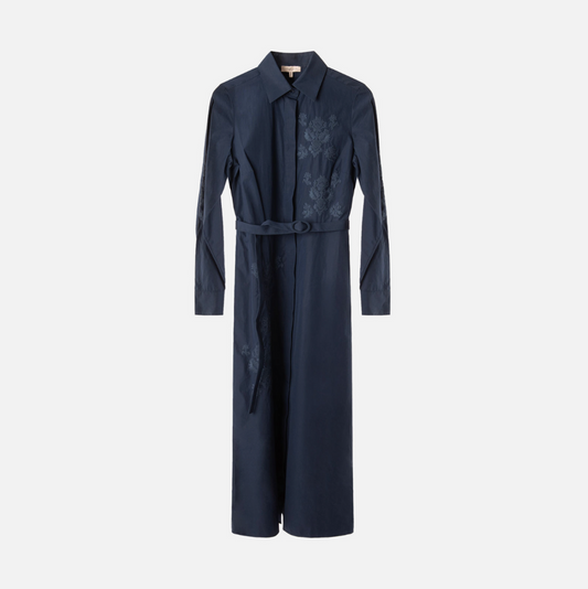 Lafayette 148 Navy Cotton Embroidered Belted Dress