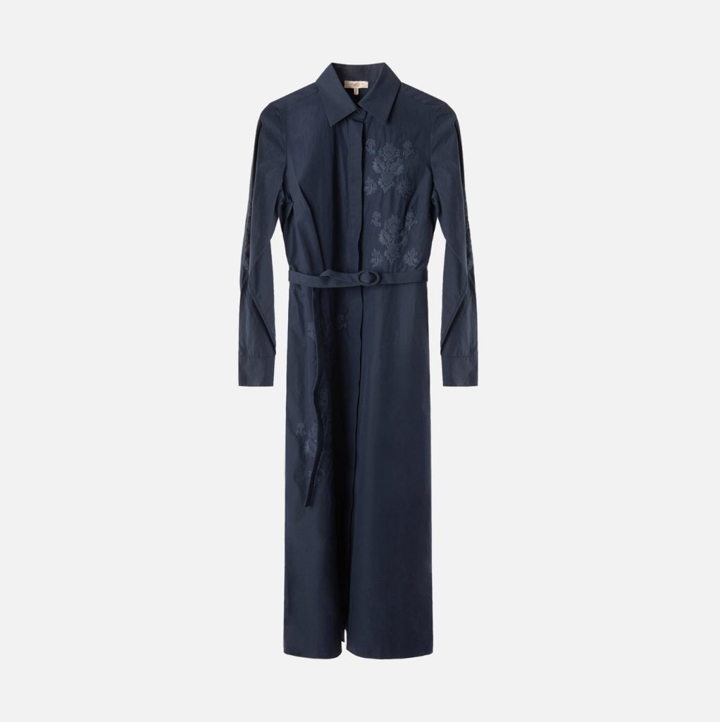 Lafayette 148 Navy Cotton Embroidered Belted Dress