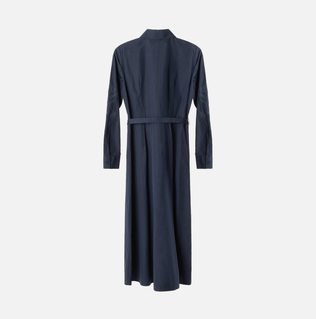 Lafayette 148 Navy Cotton Embroidered Belted Dress