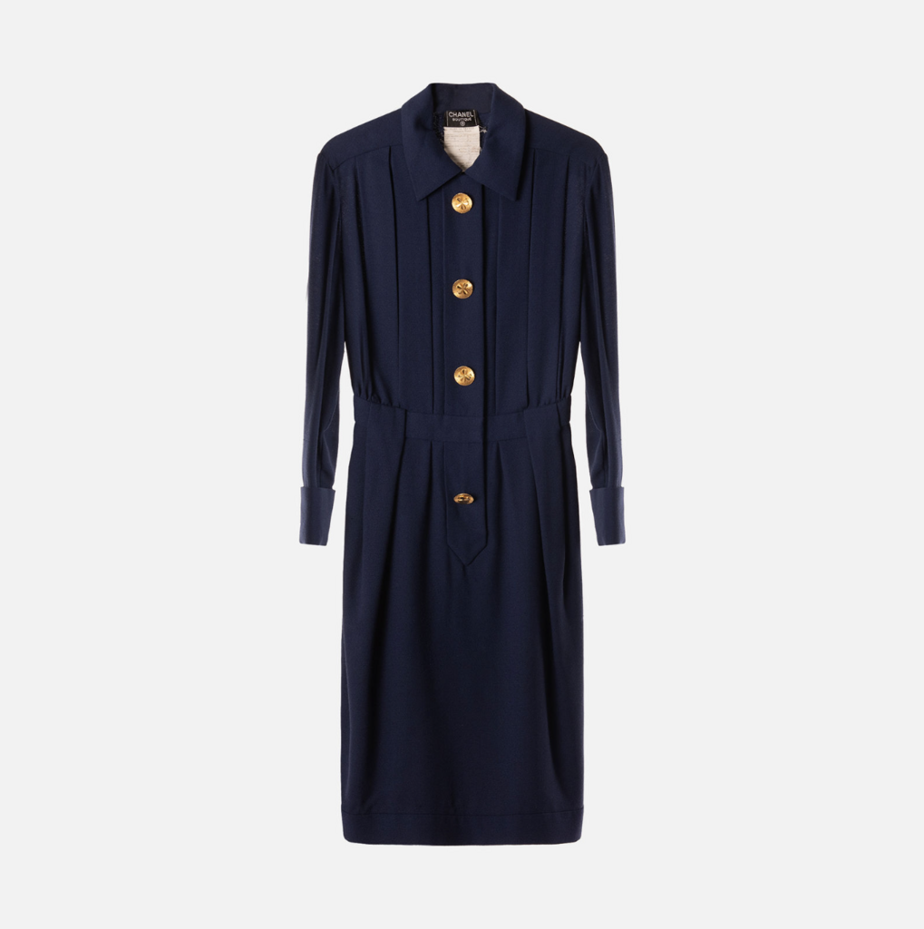 Chanel Navy Wool Crepe Gold Clover Button Dress